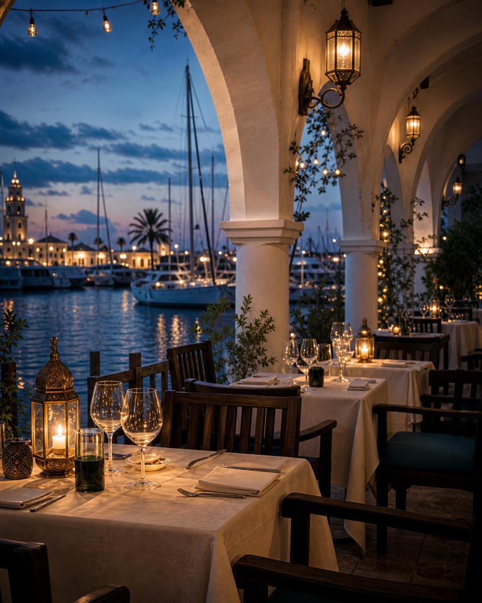 La terrasse de Cap Grill sous les arcades de la marina